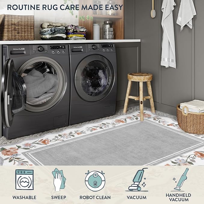 Lahome Grey Scalloped Washable Runner Rug 2x6 for Hallway | Non Slip Backing, Low Pile Soft Boho Floral Runner for Kitchen, Entryway, Laundry, Bedroom, Ariele