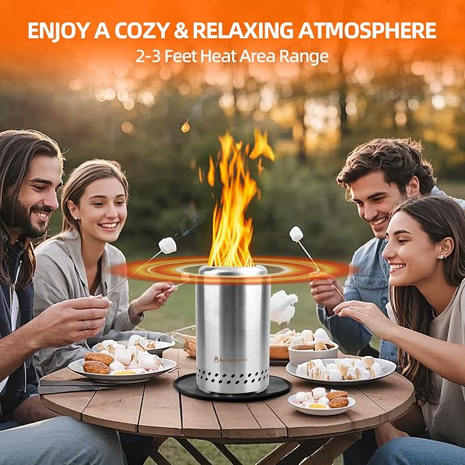 Spinning Flame Tabletop Fire Pit by AmazStove, Low Smoke Stove Outdoor Safe Burning Firepits, Fueled Pellets or Wood, Travel Bag&mat&Forks Included, 10 x 6 Silver