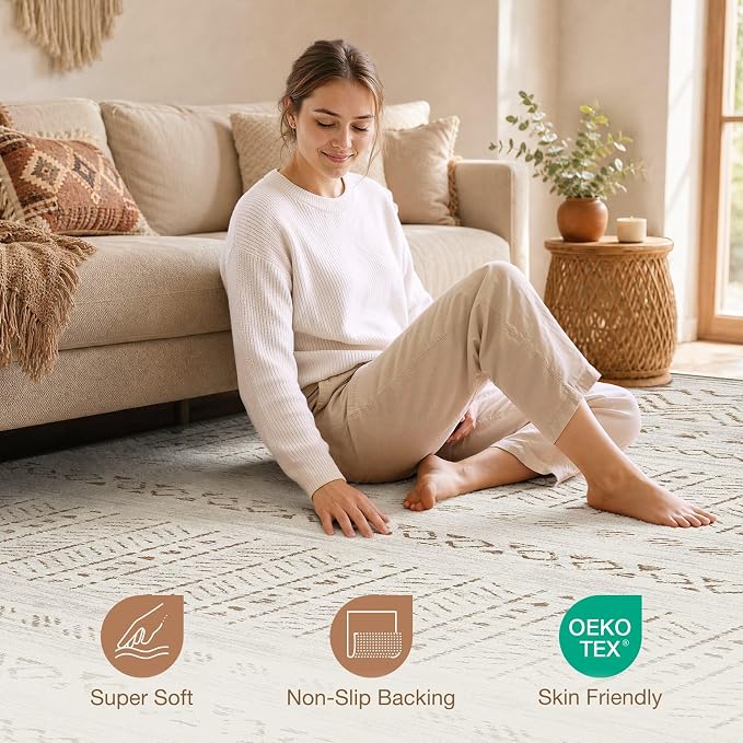 cotiled Boho 12x15 Area Rug for Living Room: Large Moroccan Washable Rug | Stain Resistan Carpet for Bedroom Farmhouse Brown Cream