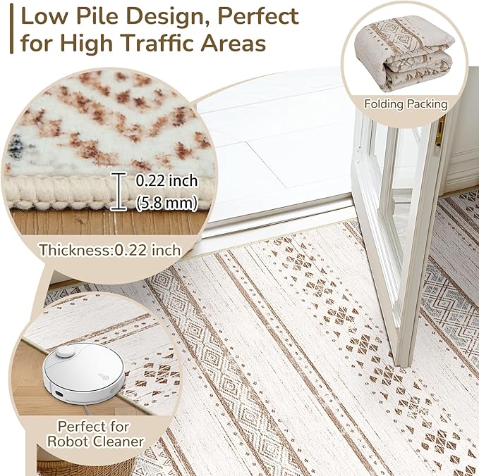 3x5 Washable Area Rugs for Living Room Boho Bathroom Rug Cream/Brown/Pink | Vacuum Friendly, Machine Washable, Non-Slip Rug, Stain Resistant, Moroccan Geometric, Low Pile Carpet, Entryway Kitchen