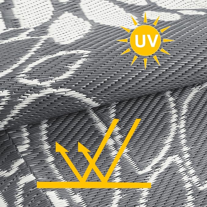 Ileading Waterproof Outdoor Rug 5x8, Reversible Plastic Straw Patio Rug, Portable Indoor Outdoor RV Camping Mat Carpet for Deck, Porch, Balcony, Backyard, Picnic, Floral Grey