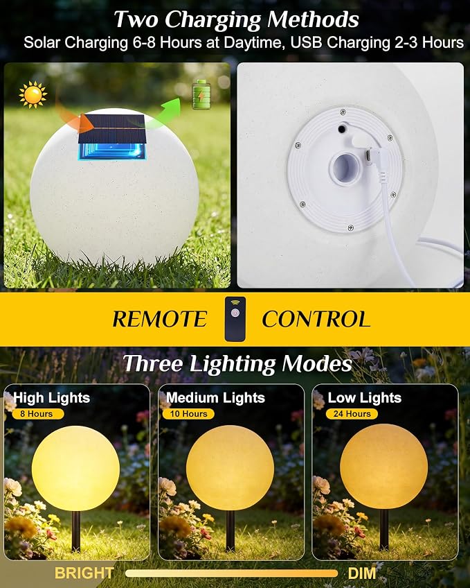 12 Inch Solar Ball Light, Solar Rechargeable Globe Light,3 Modes Dimmable Globe Light,Decor for Patio,Garden,Yard,Beach,Pathway,Party Decorative Lighting