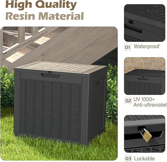 Outdoor Storage Box, 30 Gallon Deck Box with Lockable Lid, Waterproof Resin Storage Bin for Patio Furniture, Garden Tools, Cushions, Black