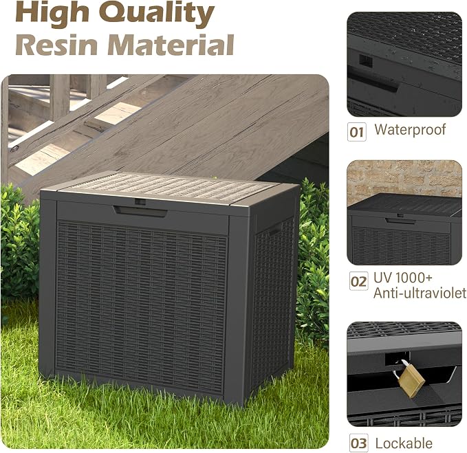 Outdoor Storage Box, 31 Gallon Deck Box with Lockable Lid, Waterproof Resin Storage Bin for Patio Furniture, Garden Tools, Cushions, Black