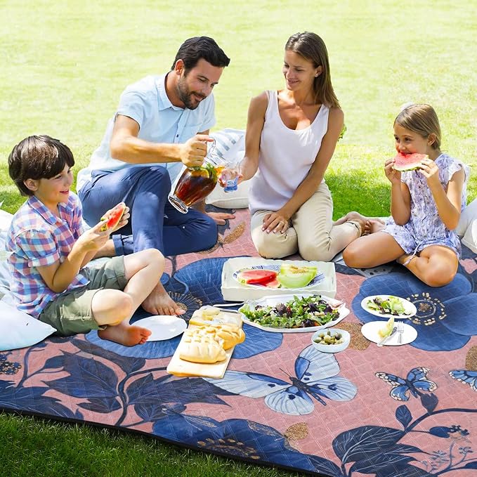 Blue Flower Butterfly Waterproof Picnic Basket Set Portable Outdoor Picnic Accessories Outdoor for Outdoorsy People Couples Gift cobija para parque