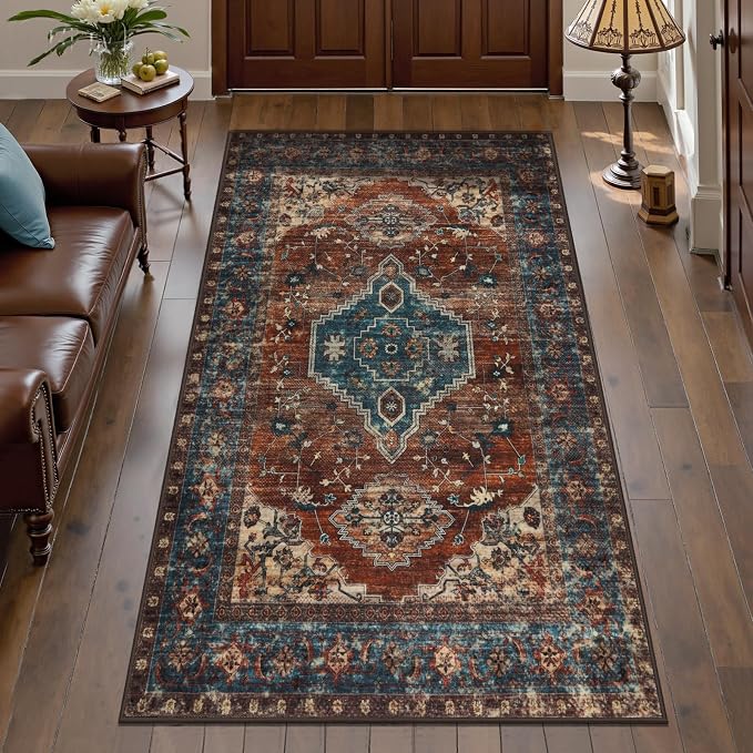 Tangsoo Vintage 2x4 Runner Washable Rugs for Entryway, Non Slip Small Rug | Oriental Indoor Front Door Print Rug, Boho Small Carpet Soft Low Pile Rugs for Entrance Entry Kitchen Bathroom Rust/Blue