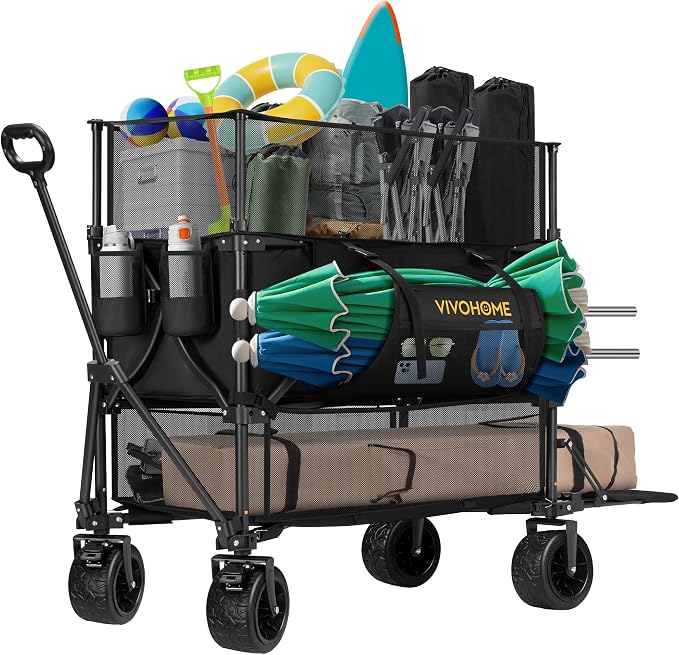 VIVOHOME 500L Large Capacity Double Decker Collapsible Wagon 500lbs Heavy Duty Utility Folding Cart with Big Wheels 53" Extended for Camping, Sports