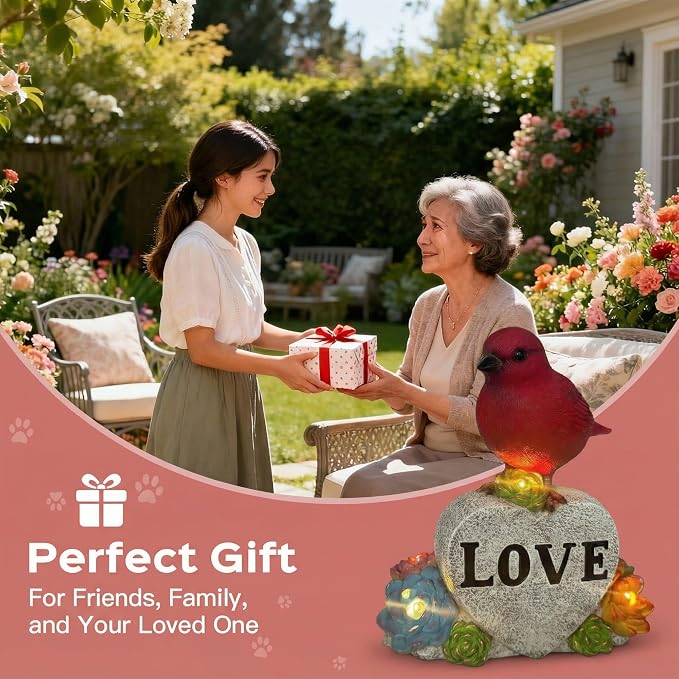Solar Cardinal Decor Red Bird with Glowing Succulents Love Heart Stone Remembrance Garden Figurine Decor for Outdoor Yard Patio Lawn Sympathy Gifts for Mother Grandma Women Wife Sister
