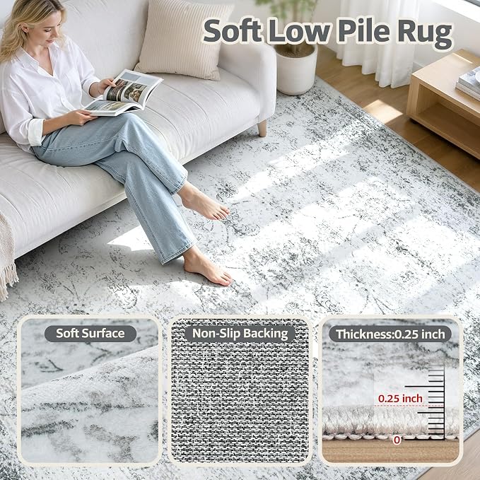 8x10 Washable Area Rug Modern Abstract for Living Room Bedroom Gray | Soft Indoor Carpet,Anti-skid Backing,Water Repellent,Non-shedding, Suitable for bedroom dining farmhouse nursery home office
