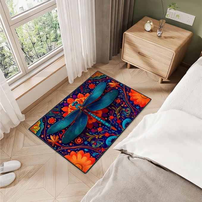 Dragonfly Floral 2x3 Entry Rug,Washable Small Rugs for Entryway Kitchen Bathroom Door Mat Indoor Entrance,Non Slip Rubber Backing,Stain & Fade Resistant,Vibrant Boho Farmhouse Decor