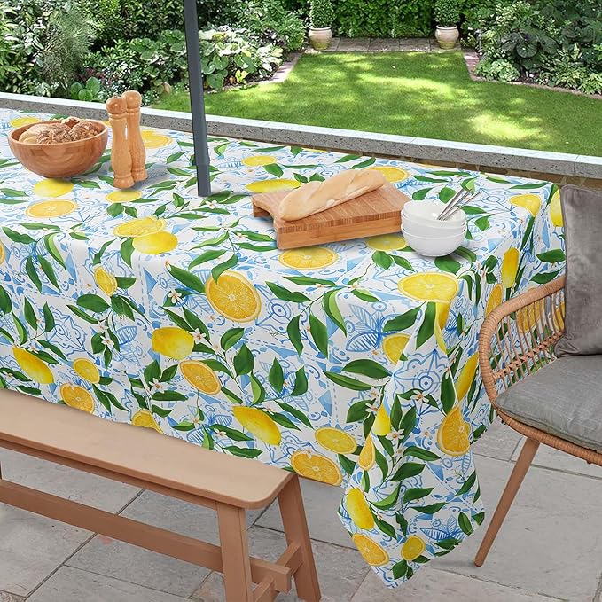 Outdoor Tablecloth with Umbrella Hole and Zipper, Rectangle Patio Table Covers for Spring/Summer, Machine Washable Outdoor Picnic Table Cloth (Lemon, 60" × 84" Rectangular)