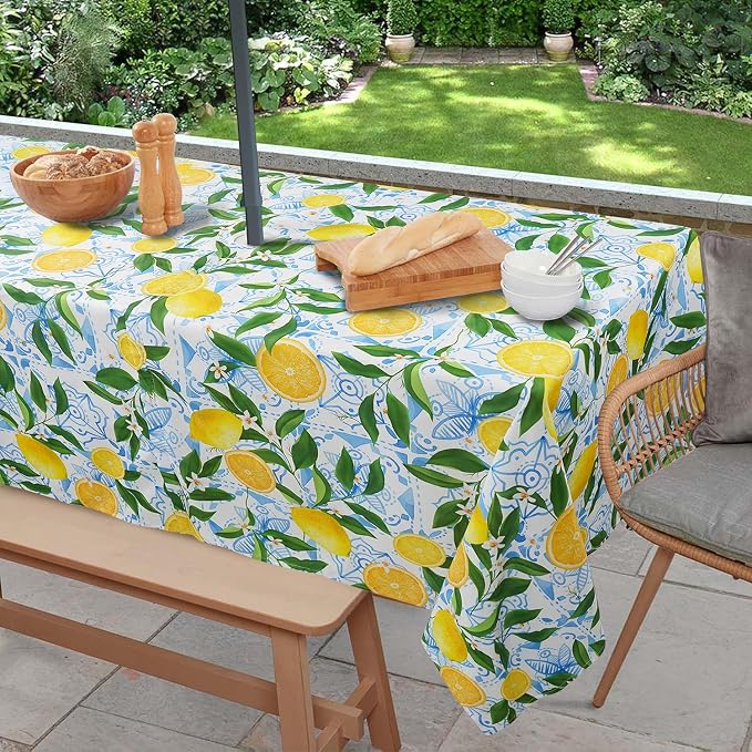 Outdoor Tablecloth with Umbrella Hole and Zipper, Rectangle Patio Table Covers for Spring/Summer, Machine Washable Outdoor Picnic Table Cloth (Lemon, 60" × 102" Rectangular)