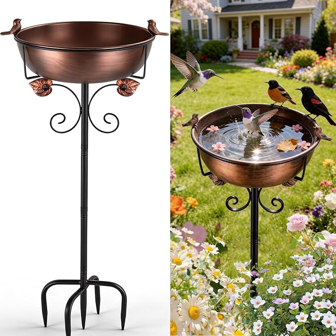 Bird Bath for Outside, 27.6" H Standing Bird Feeder Bowl with 11.8" Wide Basin, 1-Tier Metal & Copper Garden Bird Bath and Feeder for Yard Patio Backyard Lawn Flower Bed Outdoor Garden Decor