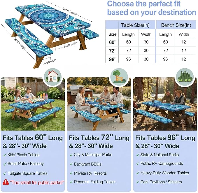 Picnic Table Cover with Bench Covers Camping Essentials Waterproof Windproof Camping Tablecloth with Drawstring Bag, Fitted Rectangle Tables and Seats, 72in, Air Superiority Blue
