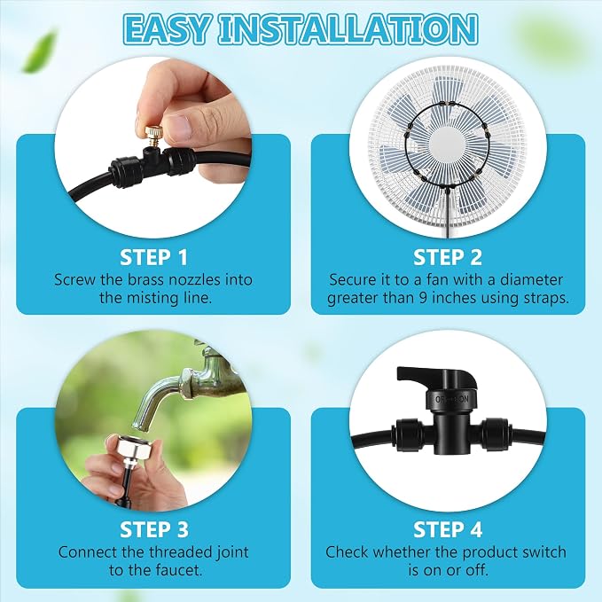Enhon Outdoor Misting Fan Kit with Filters, 32.8 ft Misting Line, 5 Brass Nozzles, Fan Cooling Mister with Switch Valve for Patio Breeze Garden Greenhouse Backyard Yard BBQ Accessories, Party Supplies