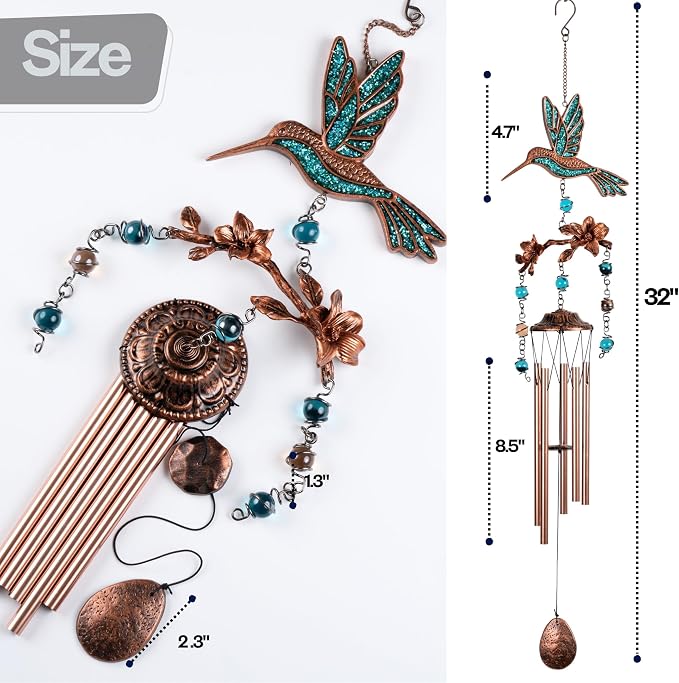 Wind Chimes - Wind Chimes for Outside Deep Tone 32 inches 5 Aluminum Tubes, Birthday, Memorial, Gifts for Mom, Grandma, Daughter, Decoration for Home, Garden, Patio (32" Hummingbird Turquoise)