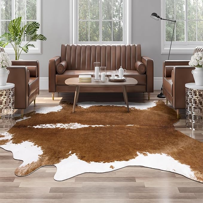 AROGAN 8x10 Faux Cowhide Rug, Brown Cow Print Large Animal Hide Area Rug | Premium Cow Hide Carpet, Western Rug for Bedroom Living Room Decor, Durable Faux Cow Skin Cowhide Area Rug