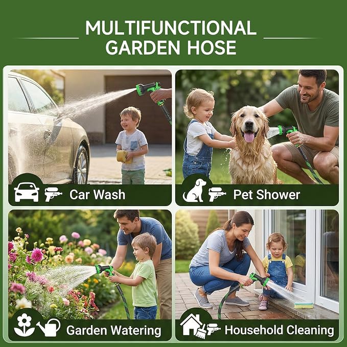 Non-Expandable Garden Hose 75 FT, Heavy-Duty & Flexible Water Hose with 10-Function Nozzle, Kink-Free & Leak-Proof Design, Ultra Lightweight Portable Yard Hose for Lawn, Car, Outdoor Use