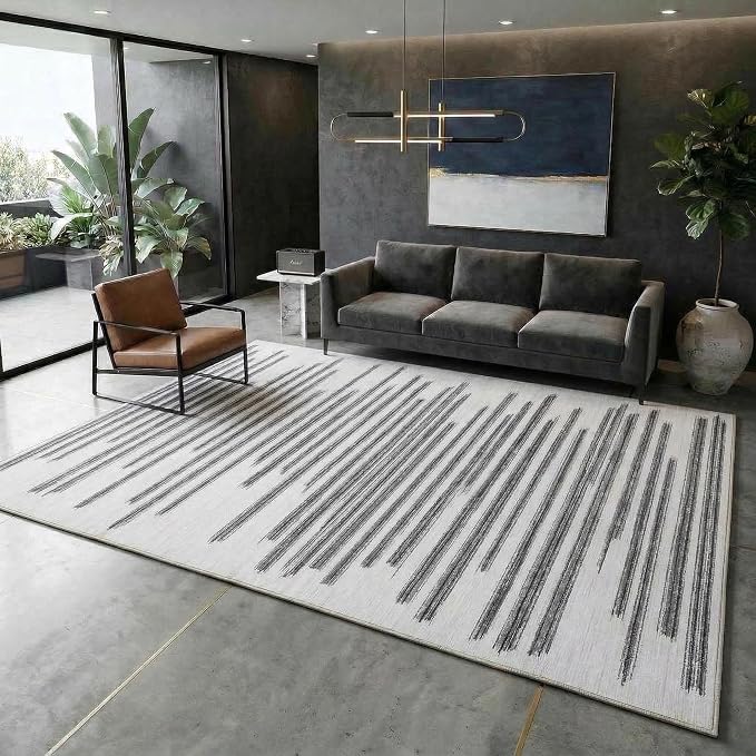 GarveeHome 5x7 Non Slip Striped Area Rug for Living Room Bedroom Classroom | Modern Minimalist Washable Low Pile Indoor Carpet Stain Resustant Rugs for Guest Room Home Office, Black Grey