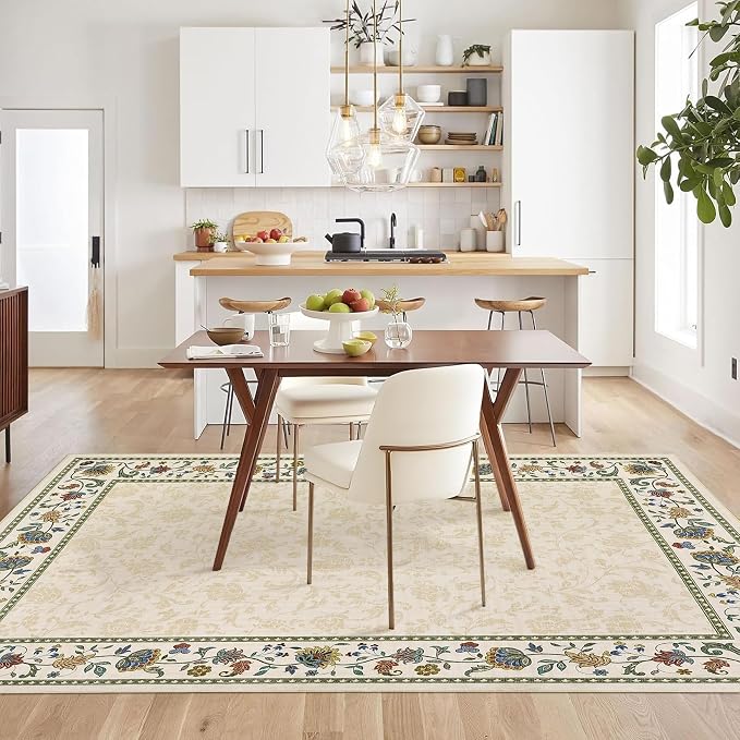 Garvee 8x10 Vintage Floral Washable Rugs for Living Room Bedroom Rug | Beige Boho Border Area Rug Stain Resistant Easy Cleaning Throw Rugs Low Pile Floor Cover for Nursery Dining Room Apartment