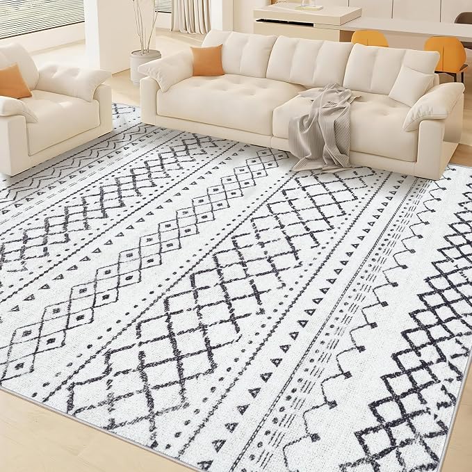 Area Rug for Living Room 9x12: Large Washable Boho Moroccan Rugs Geometric Neutral Rug, Non-Slip Foldable Morden Farmhouse Indoor Floor Carpet for Bedroom Dining Table Home（Black,9'X12'）