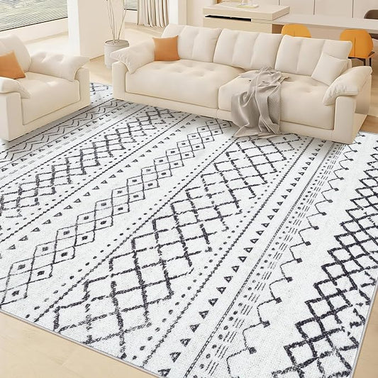 Area Rug for Living Room 9x12: Large Washable Boho Moroccan Rugs Geometric Neutral Rug, Non-Slip Foldable Morden Farmhouse Indoor Floor Carpet for Bedroom Dining Table Home（Black,9'X12'）