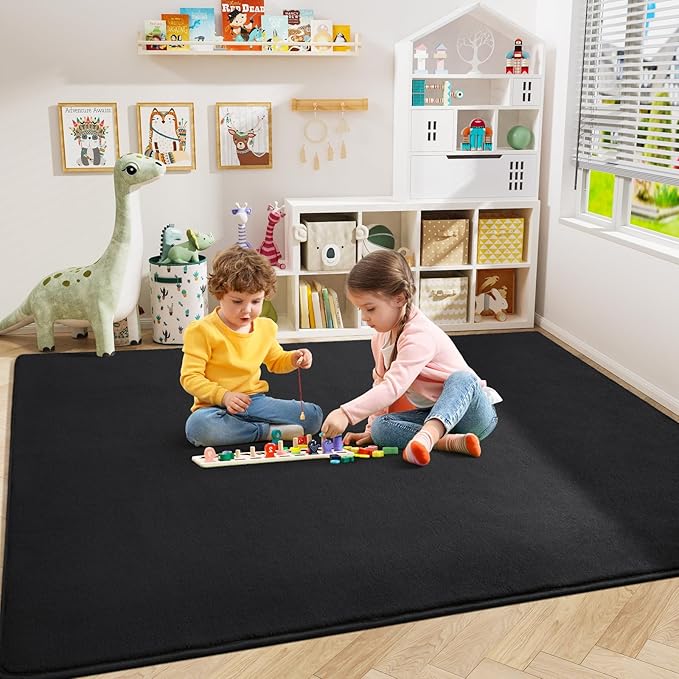 Amearea Modern Area Rugs for Bedroom Living Room, 5x8 Black Memory Foam Rug | Thickened Fluffy Indoor Washable Rugs Non Slip Minimalist Large Carpet for Boys Girls Dorm Nursery Room Decor