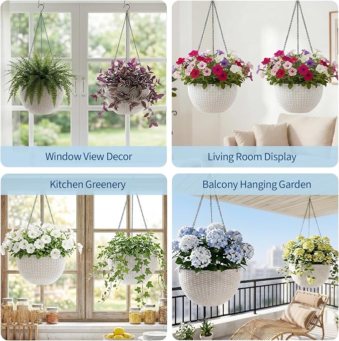 13.8 Inch Self Watering Hanging Planter, 2PCS Round Resin Hanging Basket for Indoor Outdoor Plants, Rattan Look Flower Pot with Drainage Plug, Deep Inner Pot and Sturdy Metal Triple-Chain Hanger