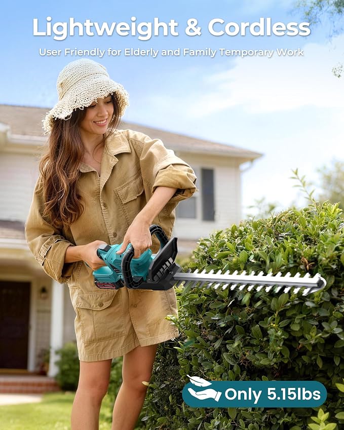 22'' Cordless Hedge Trimmer with 2 Rechargeable Batteries & Charger, 3000RPM Brushless Electric Handheld Bush Clipper, 180° Rotatable Head, 2/3'' Blade Gap, Gardening Gifts for Father’s Day