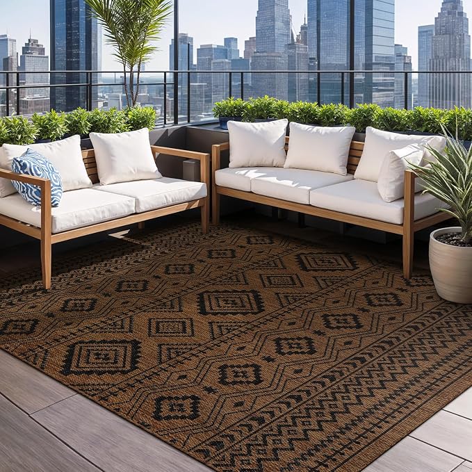 Beverly Rug Waikiki Boho Indoor Outdoor Rug 5x7, Washable Outside Carpet for Patio, Deck, Porch, Bohemian Area Rug, Farmhouse Rugs, Aztec Tribal Rug, Nut Brown and Black