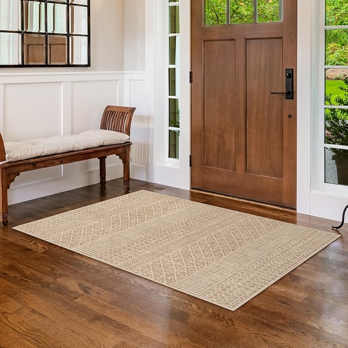 Lahome Farmhouse Washable 3x5 Entryway Rug, Non-Slip, Beige/Brown | Boho Textured Neutral, Low-Pile, Geometric Pattern, Modern, Moroccan, Entryway Hallway Runner Kitchen Bathroom Laundry Room