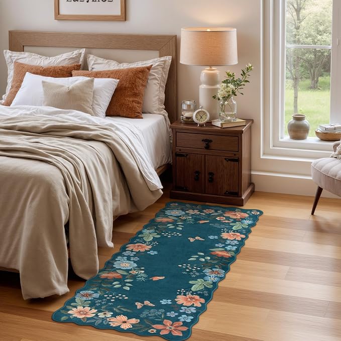 Lahome Floral Rugs for Entryway, 2x4 Washable Kitchen Rugs Blue Scalloped | Non Slip Indoor Door Mat Stain Resistant Boho Small Throw Carpet for Bathroom Bedroom Flore (2x4ft, Navy/Blue)