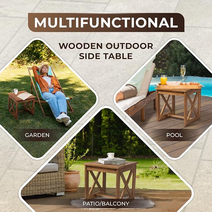 ARROWSTONE 100% Acacia Wood Small Table, Side Table for Indoor & Outdoor Space, Patio, Poolside, Garden, Living Room (X-braced Style)
