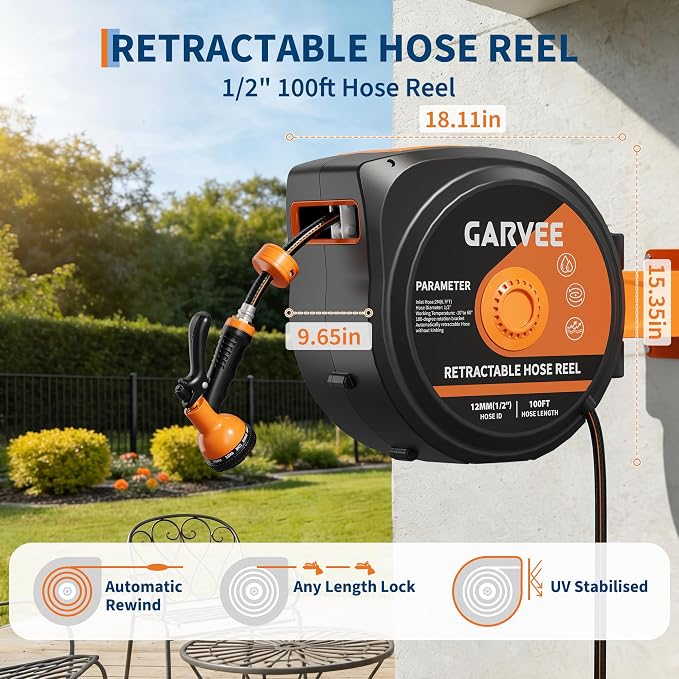 Garvee Retractable Garden Hose Reel, 1/2 Inch x 100 ft Wall Mounted Heavy Duty Garden Hose Reel with 10 Patterns Nozzle, Any Length Lock, Upgraded Slow Return System and 180°Swivel Bracket