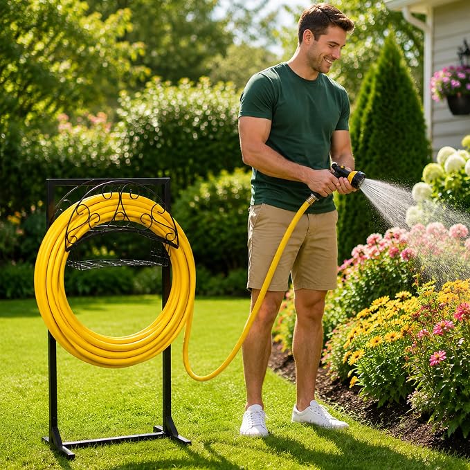 Garden Water Hose Holder - Waterhose Stand for Outside Freestanding, Heavy Duty 5-Spikes Free Standing Hose Hanger Rack Organizer with Storage Basket Holds 160ft Water Pipe for Yard Lawn