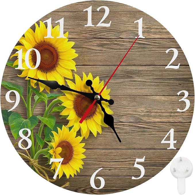 Britimes Round Wall Clock, Silent Non-Ticking Battery Operated Clock 10 Inch, Decor for Bathroom, Bedroom, Kitchen, Office or School Sunflowers Wooden