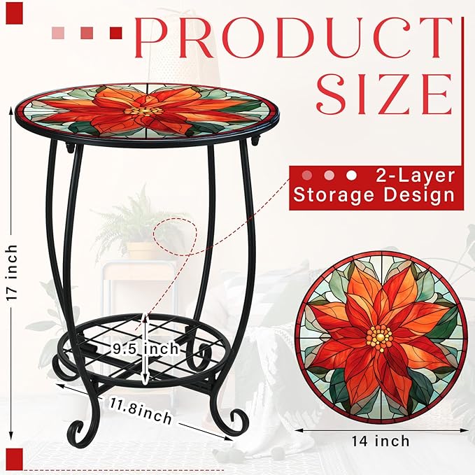 Cinnvoice Outdoor Side Table Round Small Mosaic Patio Accent Indoor End Plant Coffee Tea Table for Yard Patio Porch Garden Living Room, Bedroom(Poinsettia,14 Inch)