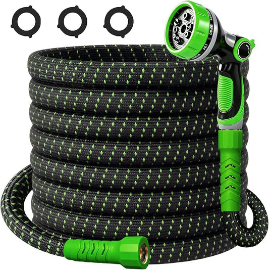 50FT Flexible Garden Hose & 10Modes Nozzle,Lightweight Water Hose,Kink-Free,All-Weather 3/4 in. NoneExpanding Hose for RV,Boat,Car Wash,Garden,Yard,Camper,Outdoor (Green-Black, 50Ft)