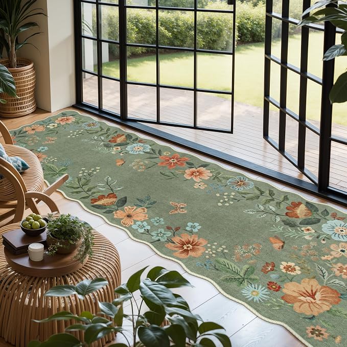 Lahome Floral Washable Runner, 2'6''x8' Soft Hallway Runner Rug Non Slip | Boho Ultra-Thin Kitchen Runners for Hallways with Rubber Backing Carpet for Laundry Bedroom Flore (Green)