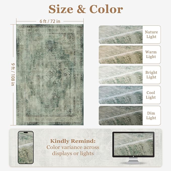 Muted Green Living Room Rug 6x9, Washable Non Slip Rug for Dining Room, Low Pile Thin Vintage Distressed Medallion Carpet Rugs for Bedrom Home Office Den, Collocated with Organic Modern Decor