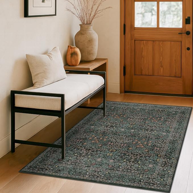 Dark Green 4x6 Entryway Rug, Washable Area Rug 4x6 for Living Room, Bedroom, Large Kitchen, Ultra Soft Non Slip Stain Resistance, Floral Distressed Aethestic Design