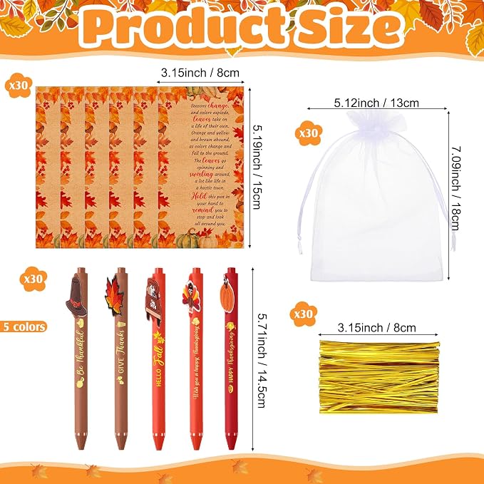 Marspark 30 Sets Fall Gifts Bulk Thanksgiving Ballpoint Pens and Thankful Maple Greeting Cards Set with Bags Twist Ties Autumn Holiday Appreciation Gifts for School Office Thanksgiving Party Favors