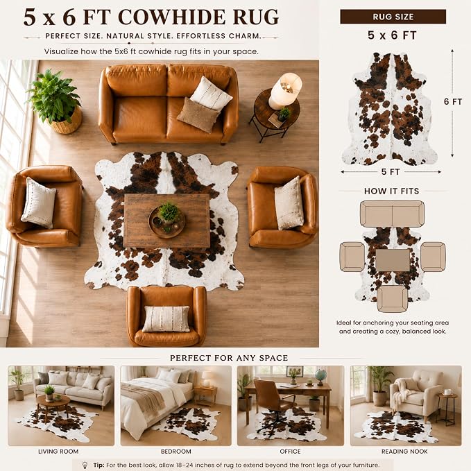 rodeo Genuine Cowhide Rug - Real Cow Hide Rug Large for Living Room & Bedroom - Western Rugs for a Natural Western Home Decor Ambiance - Rustic Cow Print Carpet Decor - 5x6 ft, Tricolor