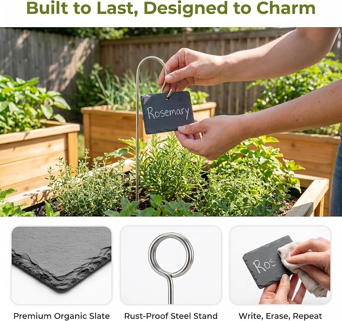Large Slate Plant Labels, Garden Plant Labels Tags, Plant Markers 10 Sets | Natural Weatherproof Garden Signs with Metal Stakes and Chalk Pencils, for Outdoor Plants Vegetables Herb Flower Bed Pots