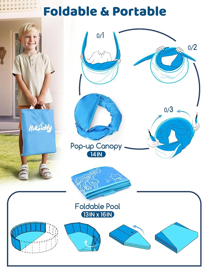 Hikiddy Foldable Kiddie Pool with Canopy, 47in, Blue-Blue | Summer Water Play Pool with Removable Shade - for Baby Toddler Kids Pets - Portable for Outdoor Backyard Beach
