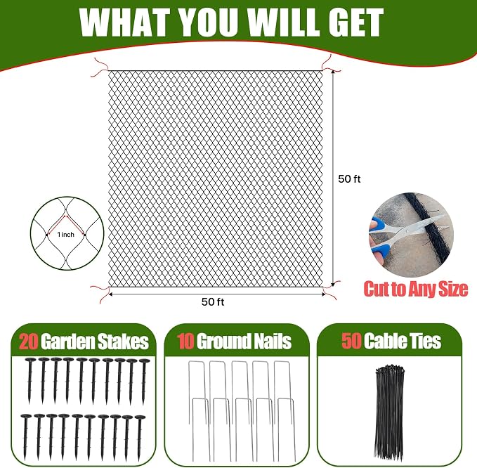Bird Netting for Chicken Coop Roof - 50' x 50' Tear Resistant Poultry Netting, 1" Square Mesh Garden Netting for Garden Protection, Plant, Fruit Tree, Against Birds, Deer, and Hawks