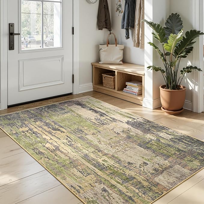 Toneed 4x6 Washable Non Slip Abstract Area Rugs for Bedroom Living Room | Soft Modern Low Pile Rug for Kitchen Hallway Office,Indoor Carpet for Kids Nursery Home Decor, Green