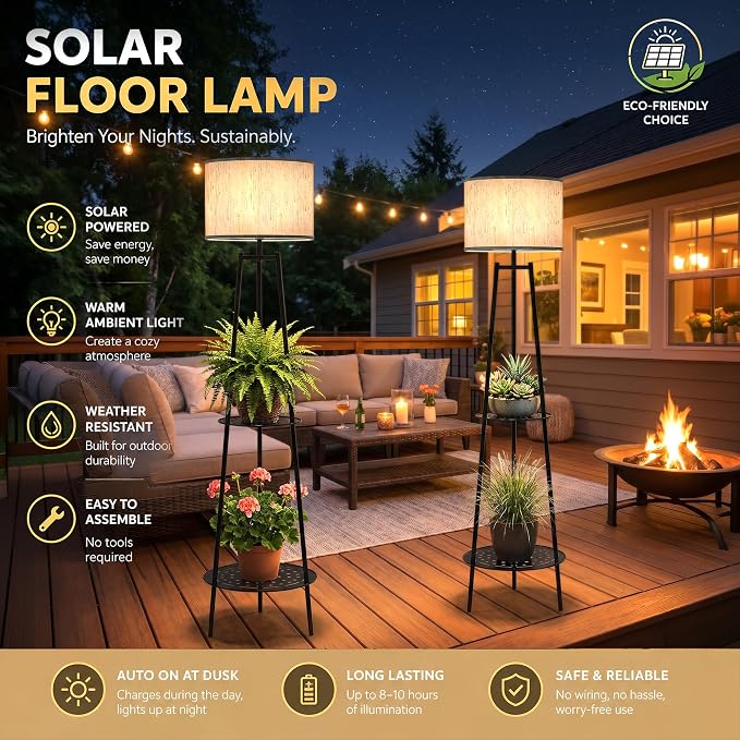 Solar Outdoor Floor Lamp with Plant Shelves, Waterproof Solar Standing Lamp for Patio Porch Garden Yard, Auto On/Off Warm LED Floor Light with 2-Tier Plant Stand, Cordless Outdoor Decor Lighting