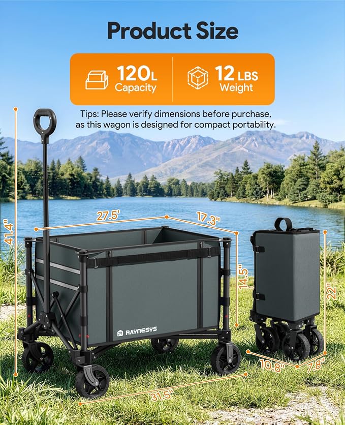 Collapsible Wagon Cart with Wheels 220lbs Foldable Wagon 120L Shopping Cart for Groceries Folding Utility Wagon for Beach, Garden, Camping, Sport, Apartment, Wheelbarrows, Gray