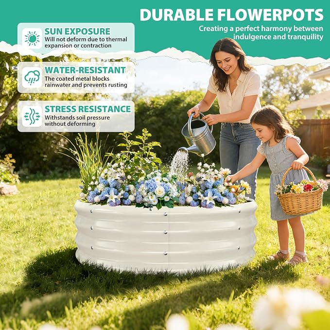YSEJOMP 3FT Diameter Galvanized Garden Raised Bed/Plant Box/Fire Pit Ring - 0.8mm Thick,12 Inch Tall,Perfect for Planting a Variety of Flowers,Herbs,Vegetables (Cream White, 36 Dia X 12 inches)